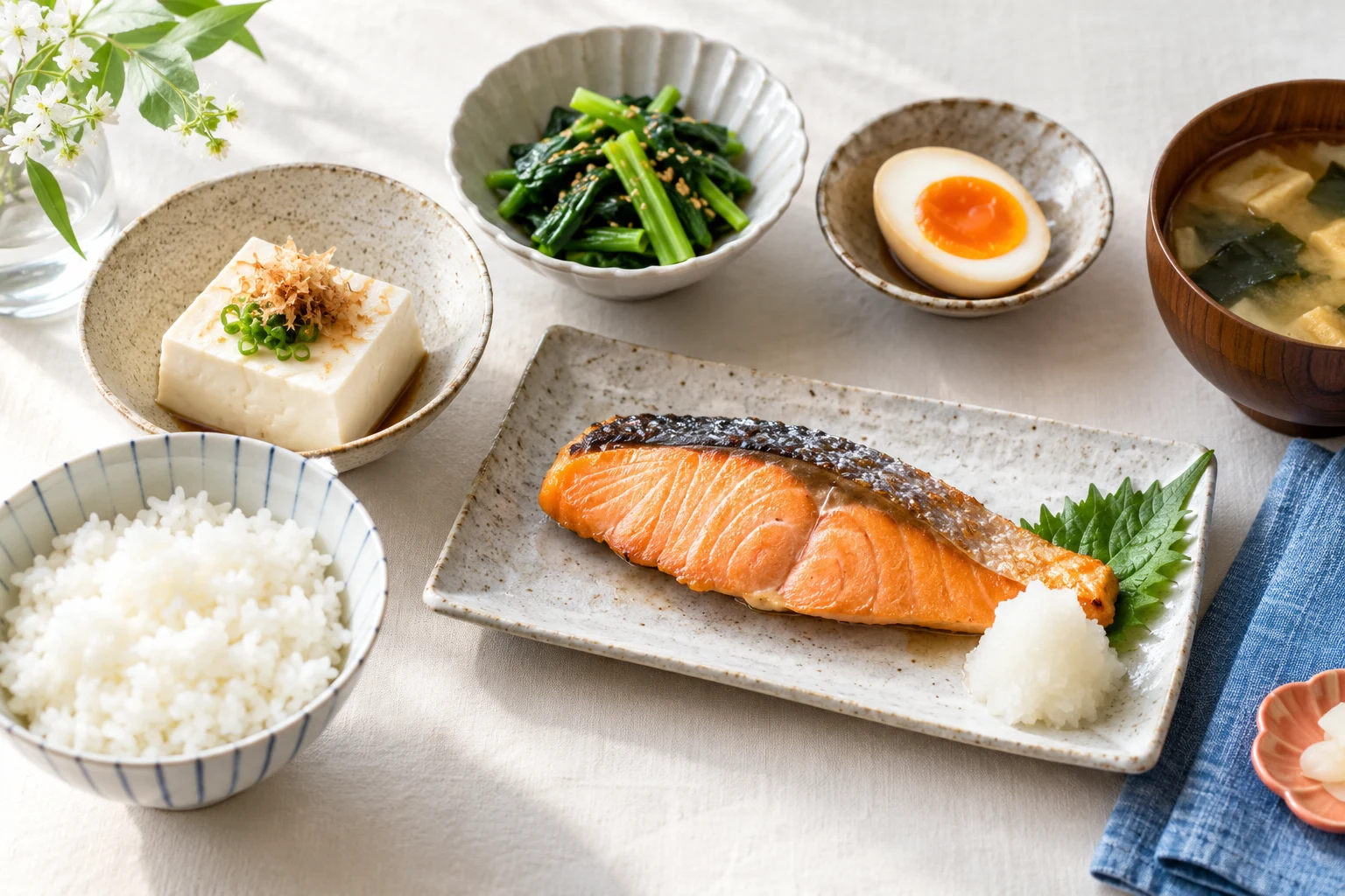 魚、卵、豆腐、野菜と少量のご飯を組み合わせた食事のイメージ